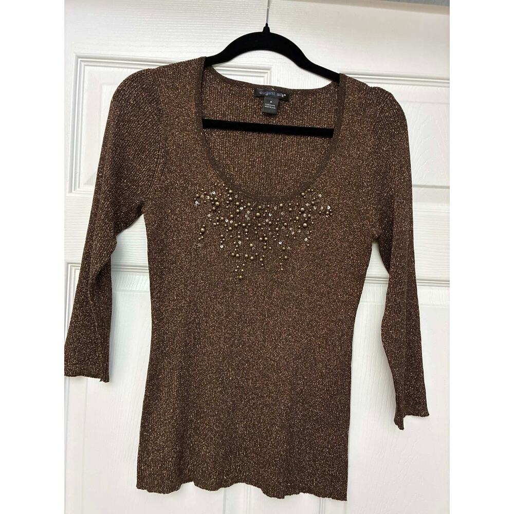 August Silk Sweater Top Womens M Brown Metallic Beaded Knit 3/4 Sleeve